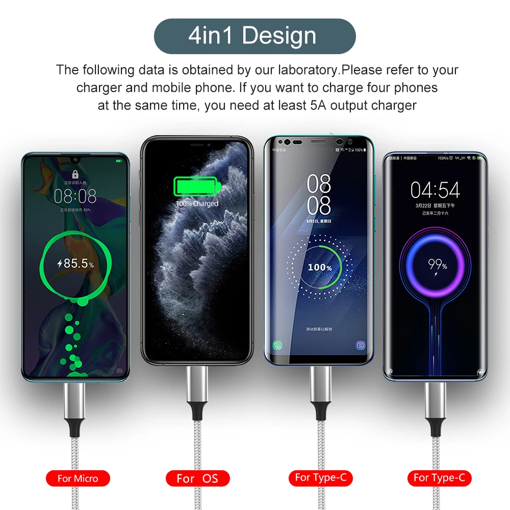 Multifunction 4 IN 1 Fast Charging Cable Dual C Type Charger Braided Nylon Micro USB 8PIN Data Cable for Cell Phone Accessories