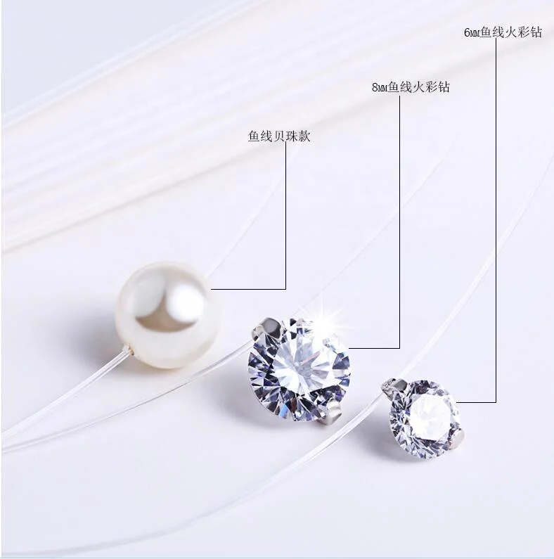 Transparent thread necklace Nylon invisible zircon crystal pearl choker rhodium finish, silver or gold custom size color