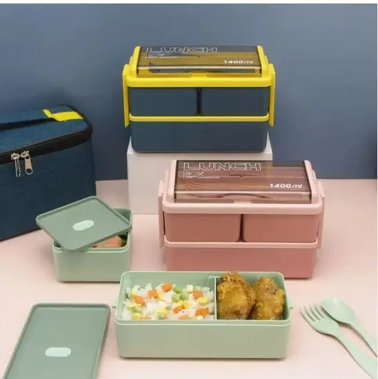 Double Layers Stackable 1400ml Children Cutlery Portable Plastic School Bento Kids Lunch Box Set With Bag