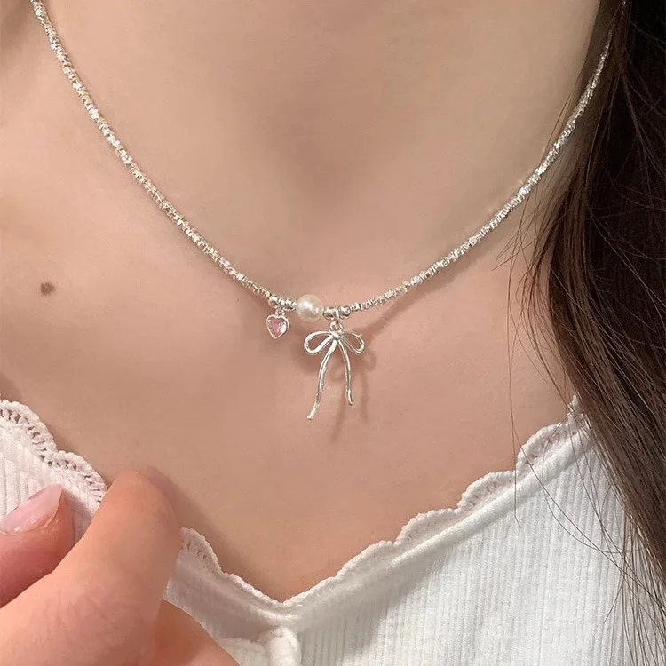 S925 sterling silver bow pink heart broken silver necklace sweet girl heart freshwater pearl necklace