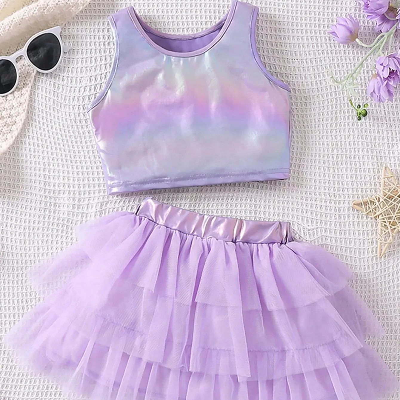 Summer Girls Clothing Sets PU leather vest mesh cake short skirt trendy girl suit