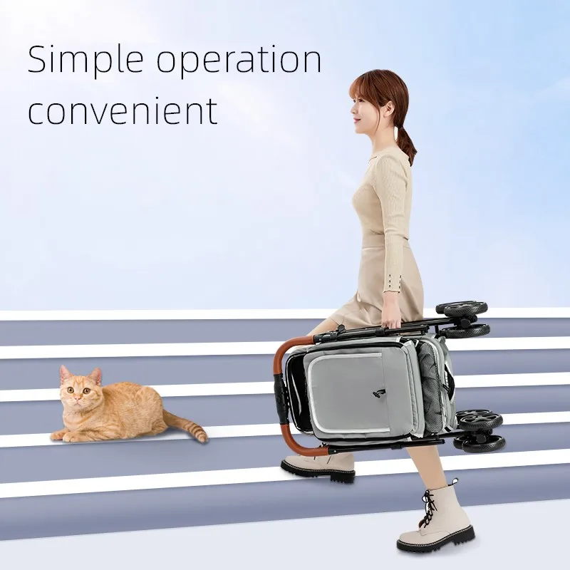 Foldable manufacturer 4 wheels pet stroller for two cat dog breathable pet carrier stroller