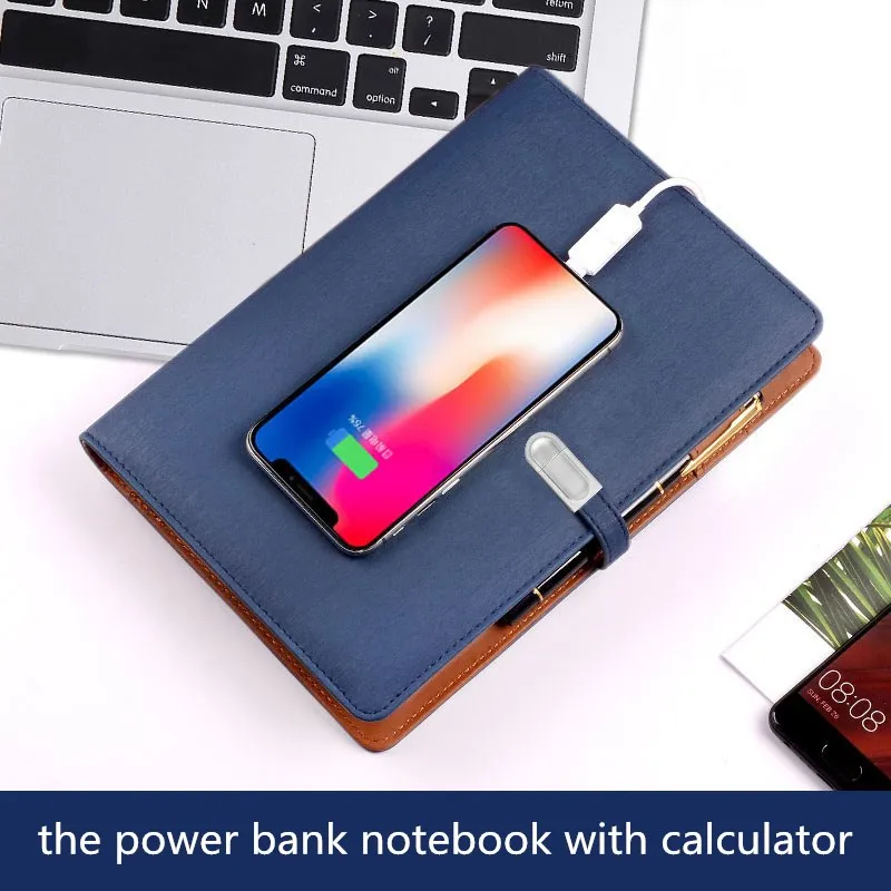 Custom LOGO 8000 mAh PU Leather Power Bank notebook Wireless Charging diary planner notebook With 8GB usb flash drive