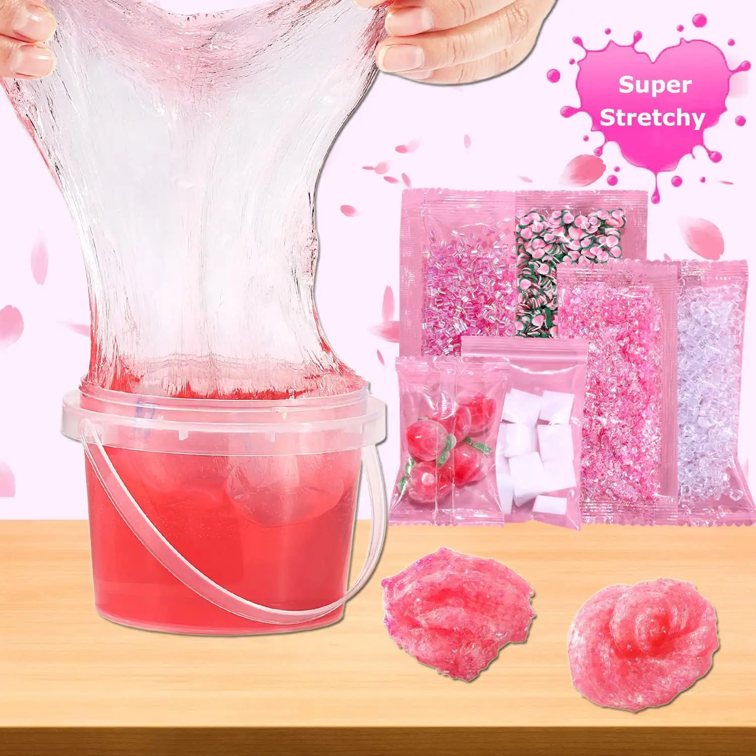 Premade Crystal Slime Peach Pink Jelly Cube Glimmer Crunchy Slime  With 6 Sets of Slime Add-ins Party Favors for Kids