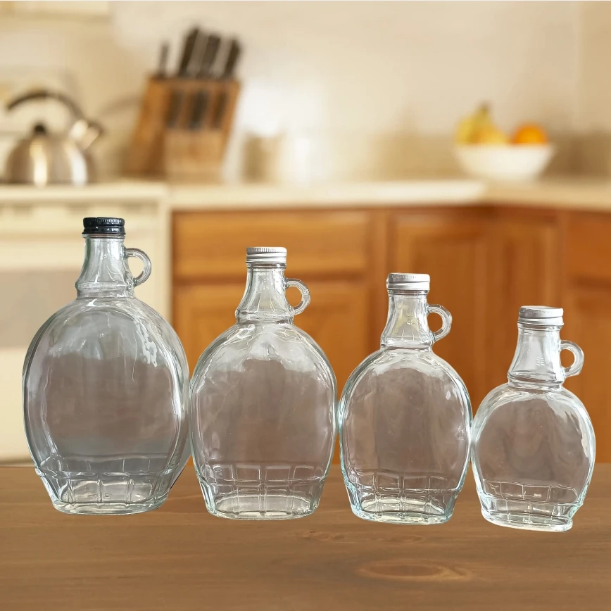 Wholesale 150ml 250ml 375ml 500ml Wine Glass Maple Syrup Bottles with Handle Beverage Maple Syrup Flat Glass Bottle