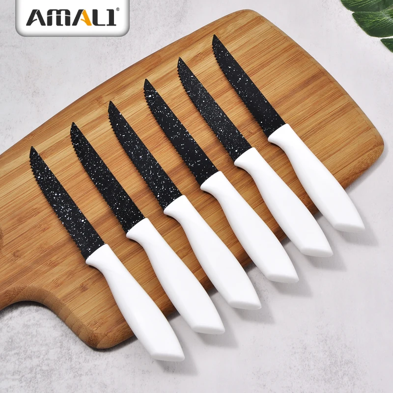 5 PCS Stainless Steel Non-Stick  Kitchen Steak Knife Set Black Marble Color With White Dots
