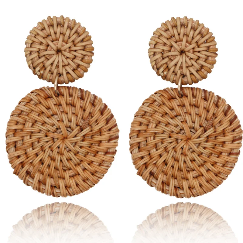 
2019 New Korea Handmade Wooden Straw Woven Rattan Vine Braid Geometric Large Circle Square Long Drop Earrings For Women Girl 