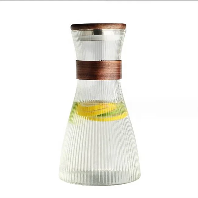 Wholesale classic wooden decorated  Glass  carafe hot cold water pitcher Glass with 6 Drinking cup set