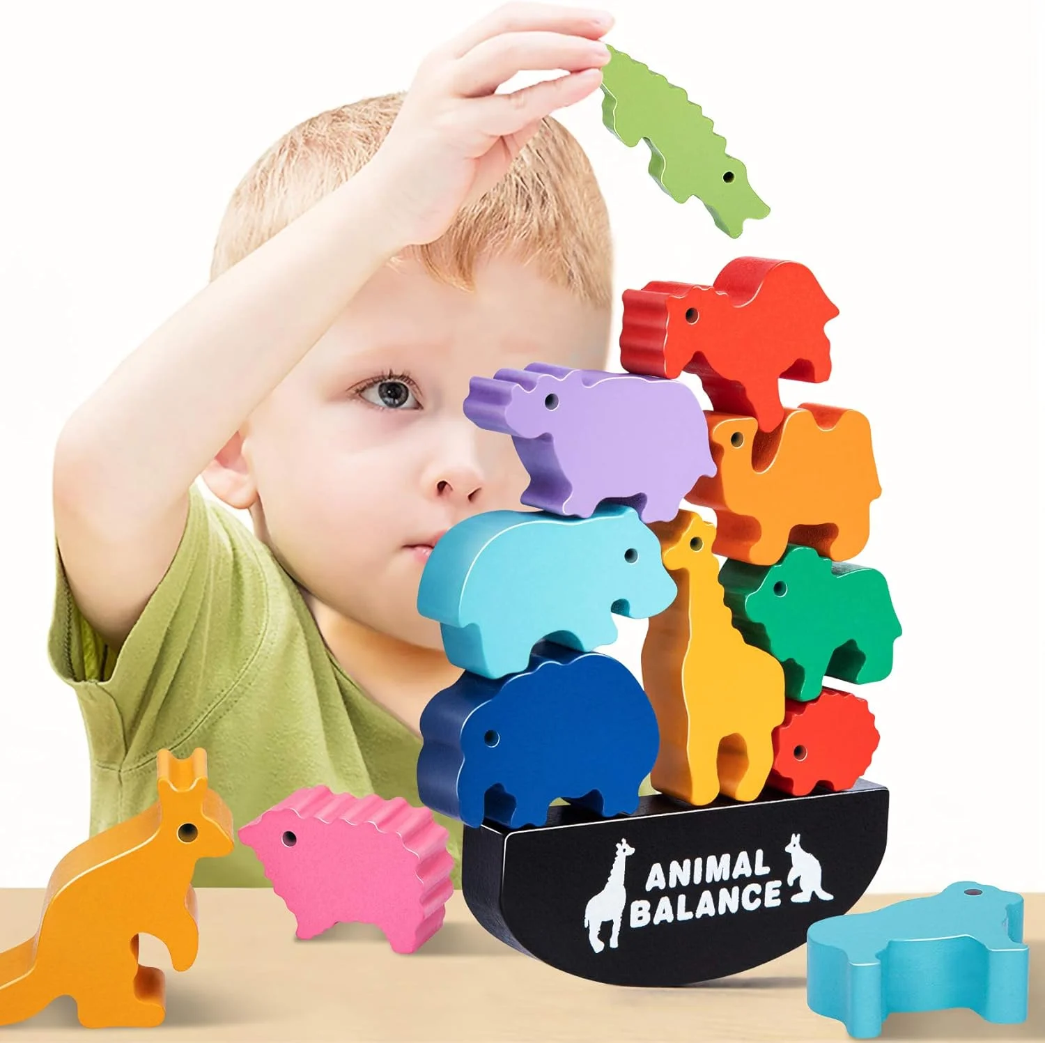 Unisex 2-7 Years Old Kids DIY Animal Balance Training Blocks Game Educational Wooden Stacking Dinosaur Construction Toy Age Box