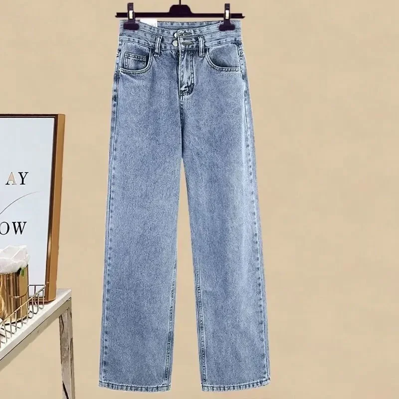 2024 new style outfit plus velvet thickened denim jacket with slim jeans sweater pullover three-piece suit for women