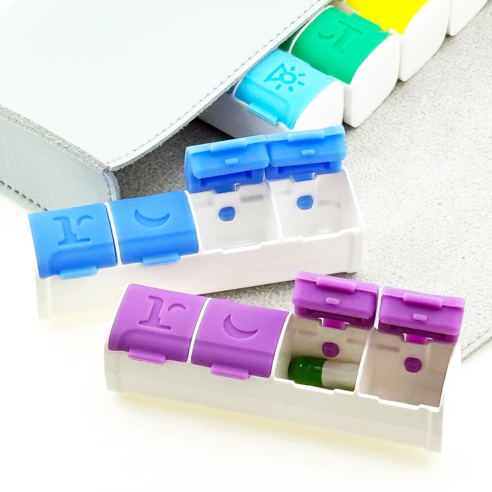 NBBLUESKY Custom PU Weekly Medicine Organizer PP/Abs Travel Weekly Pill Box 7-Day 28 Grid Rainbow Pill Case Wholesale Tablet Box