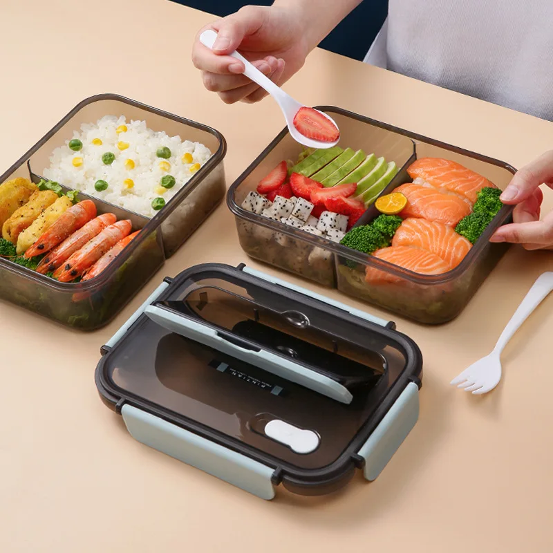 Hot Sale Large Capacity Partitioned Plastic Sealed Square Lunch Box With Fork Spoon for Student