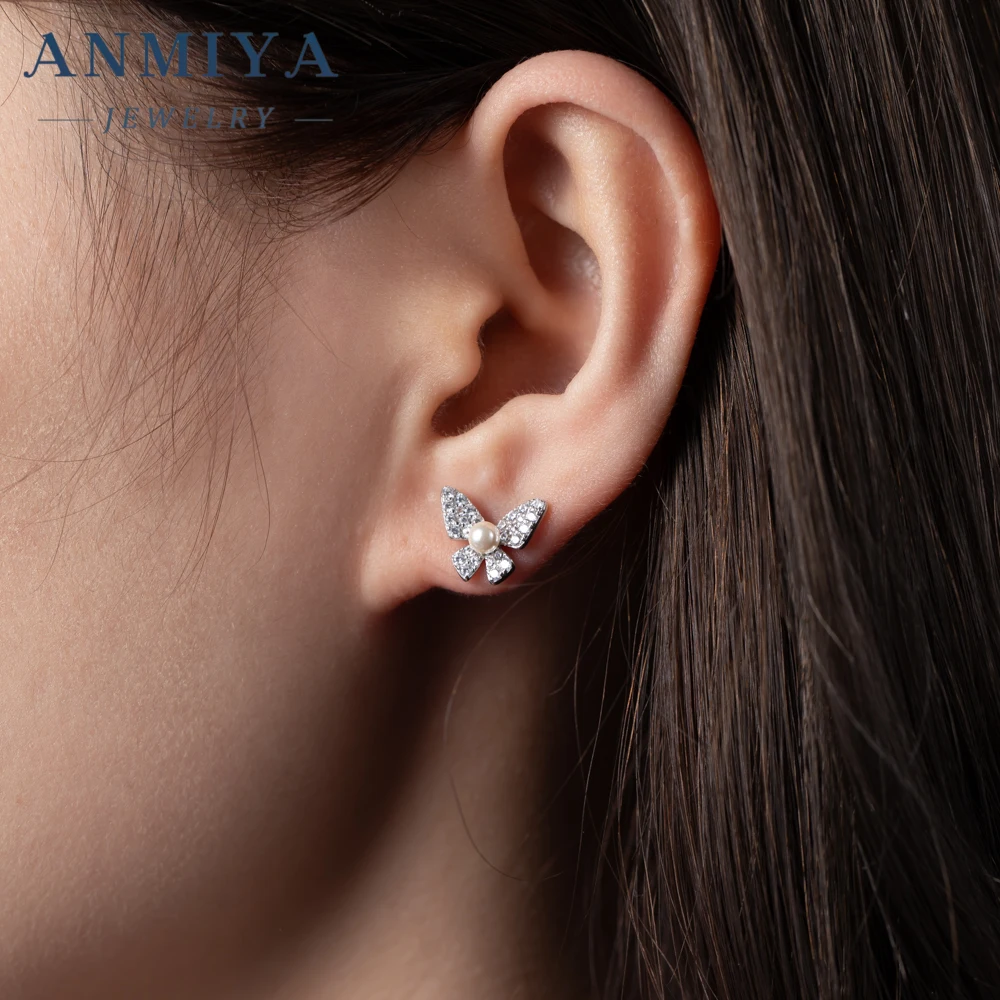 ANMIYA fashion 925 Silver jewelry vintage cz pearl butterfly earrings rhinestone pearl stud earrings