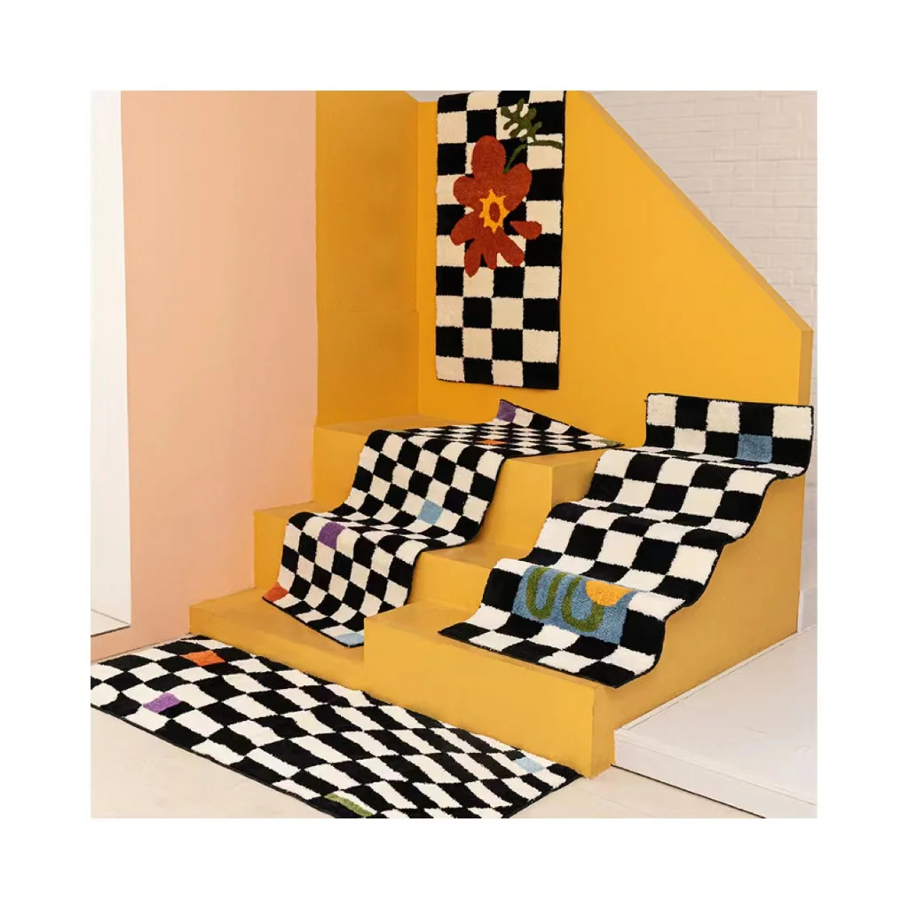 Simple ins style vintage black and white checkerboard bedside carpet