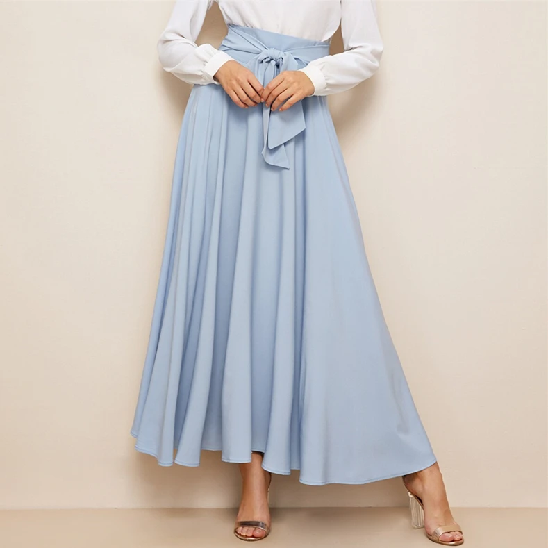 Women Elegant Bow Tie Flared Maxi Skirt Women High Waist Summer Solid Long A-line Skirt Summer Beach Long Skirt HSS6881