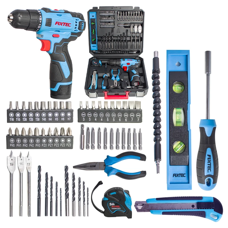 FIXTEC Cordless Drill Wireless Combo Kit 60pcs Accessories Battery Drilling Machine with Case