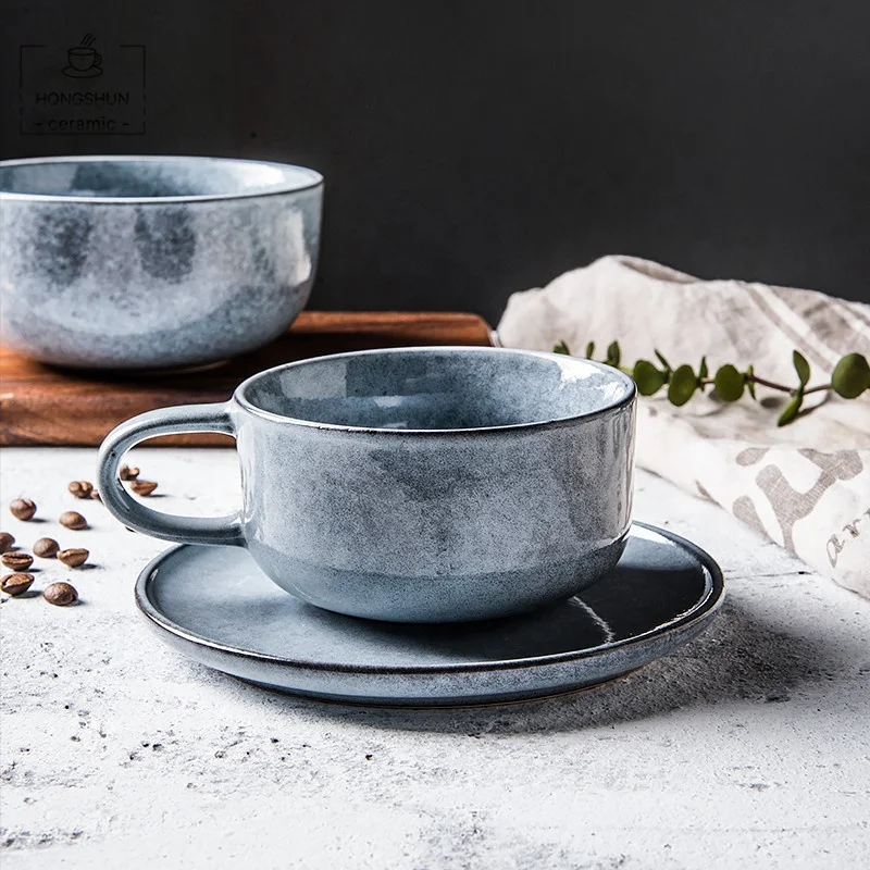 
European-style Luxury Glossy Drinkware Grey Ceramic Coffee Tea Cups with Saucer 