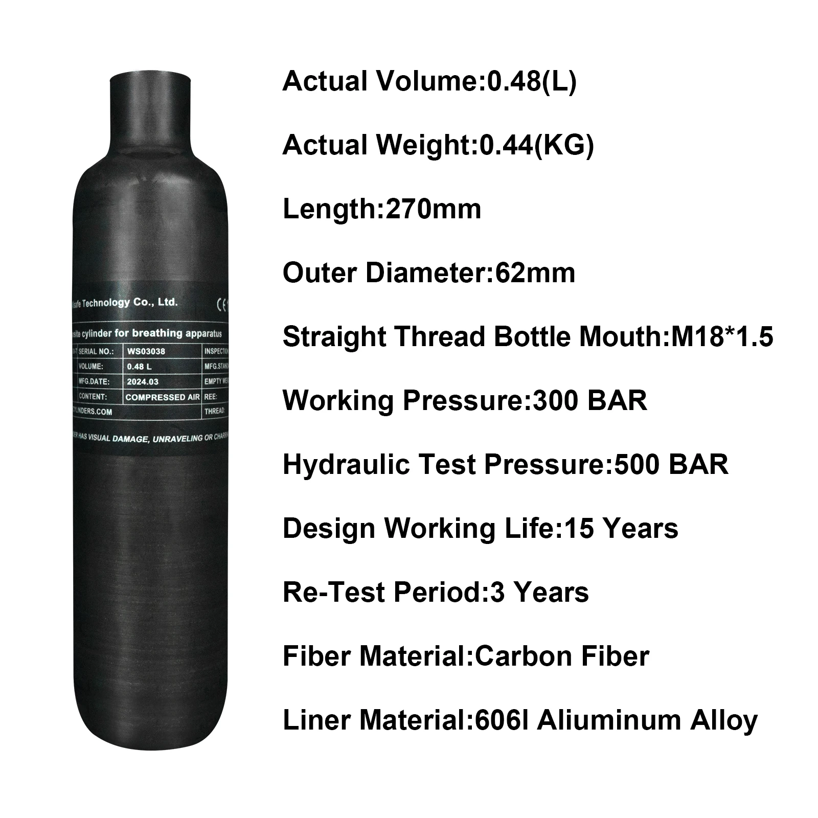 TUXING Brand Direct Portable ODM 0.48L 480CC High Pressure 300Bar 4500psi PCP Underwater Paintball Hunting Carbon Fiber Air Tank