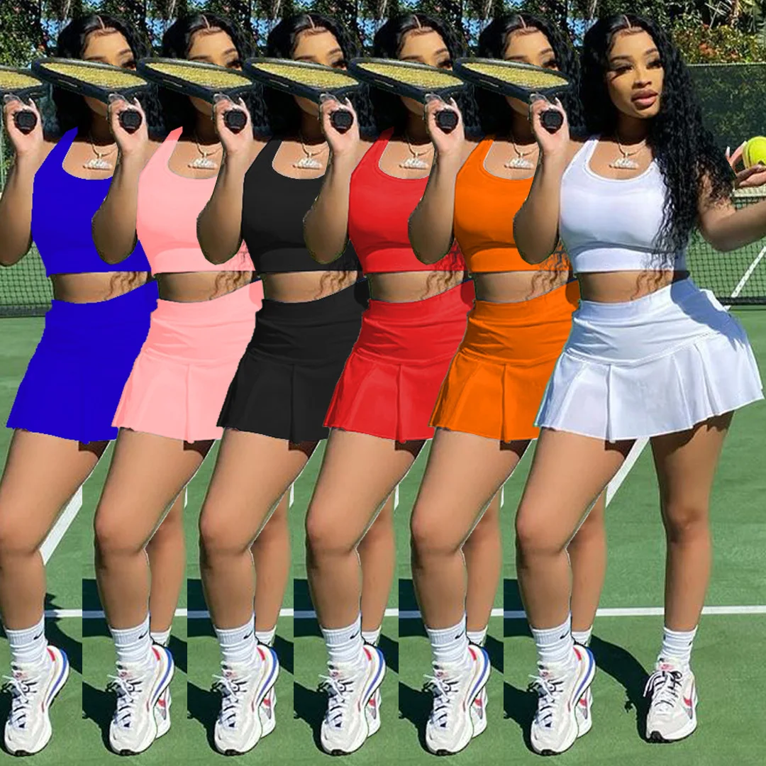 
Summer Solid Sport Outfits Women 2 Piece Tennis Sport Suit Ladies Crop Top Short Tennis Shirt Suit 