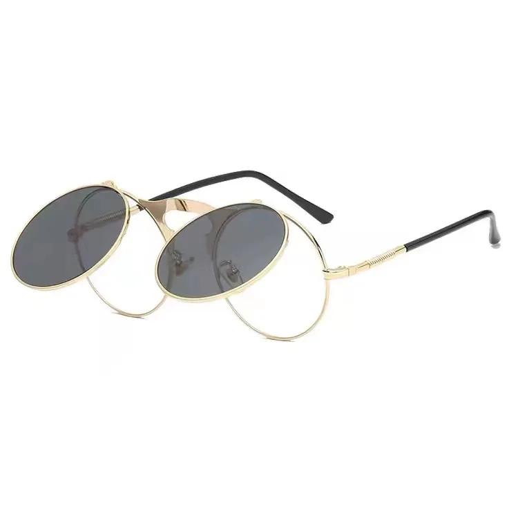 Adult gold silver metal frame round shape steampunk sun glasses clip on sunglasses