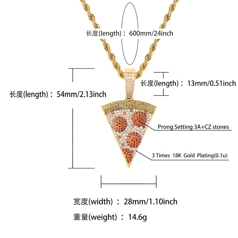 Hip Hop Jewelry Vintage Solid Zirconia Iced Out Pizza Pendant necklace Stereo Gold And Silver Micro Pave AAA+ CZ Stone Pendant