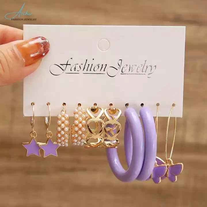 New Fashion Purple Butterfly Earrings Set Hoop Earrings Plated Earring Sets Gold Temperament Pearl Retro 18K Women's CLASSIC