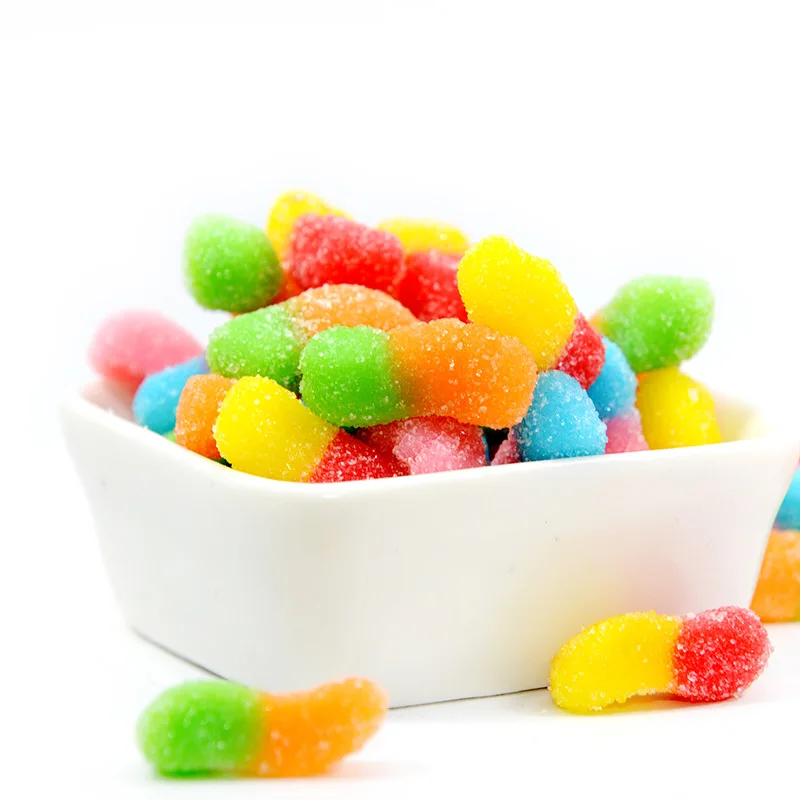 coloful soft Sour sweet delicious halal Cherry Lemon Strawberry Grape Orange Lime Trolli Sour Bite Crawlers Worms shaped Gummy