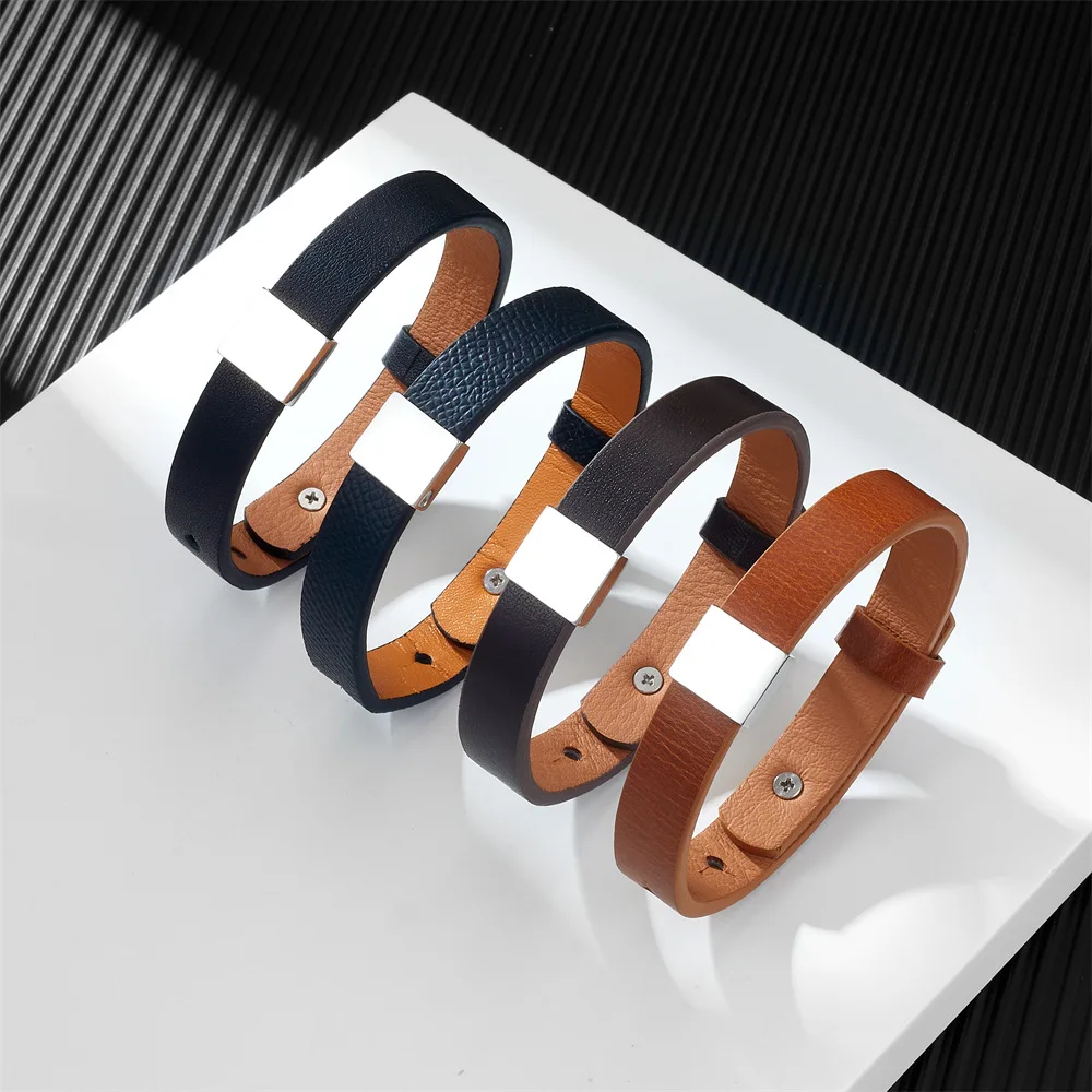 Wholesale Custom Blank Logo Genuine Leather Bracelet Stainless Steel Adjustable Cuff Handmade Leather Bracelet For Men Women