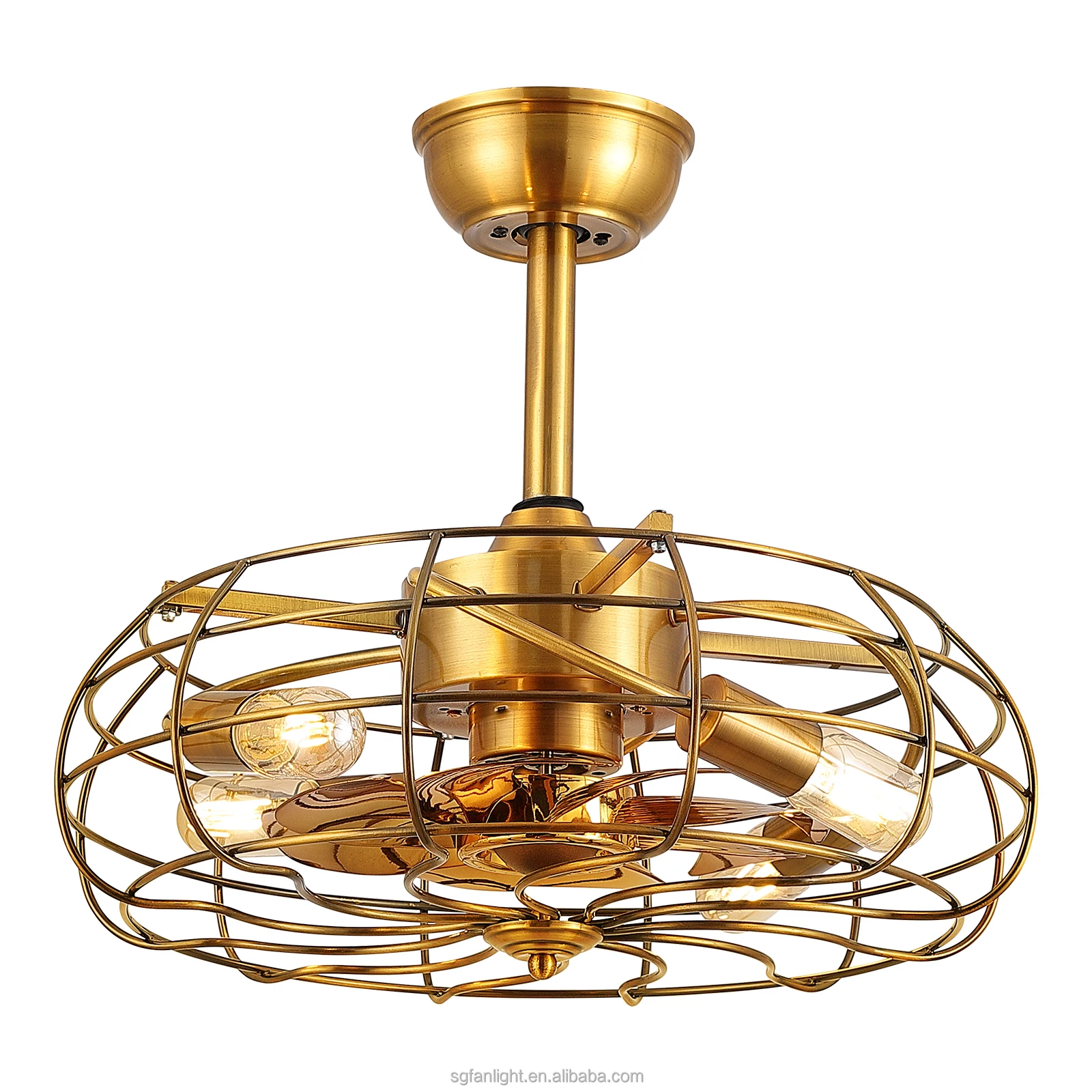 Copper Motor Gold Vintage Decorative Caged Ceiling Fan Remote Control Industrial Style Bladeless Led Ceiling Fan With Light