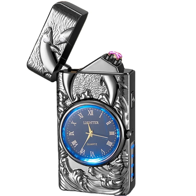 Cigarette double arc flameless windproof electric usb Dolphin lighter, custom gift electronic plasma smoking lighter with watch