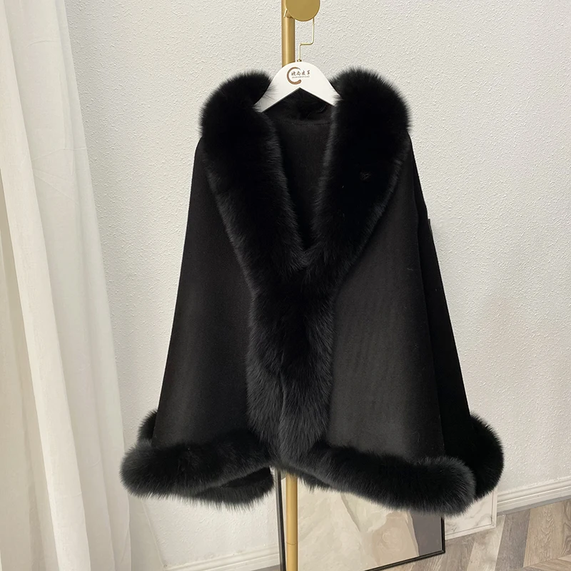OFTBUY 2021 New Luxury Winter Jacket Women Ponchos Natural Real Fox Fur Collar Cashmere Wool Blends Coat Warm Fashion Outerwear