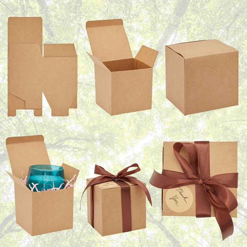 HXD Gift Boxes 4x4x4 Small Paper Gift Wedding Favor Brown Kraft Paper Gift Boxes with Lids