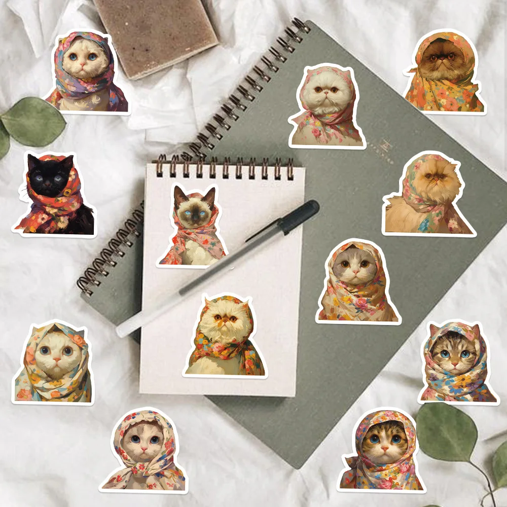 50Pcs Art Painting Cat with Head Scarf Graffiti Stickers For Bottle Laptop Decor Oil Painting Kitty Sticker