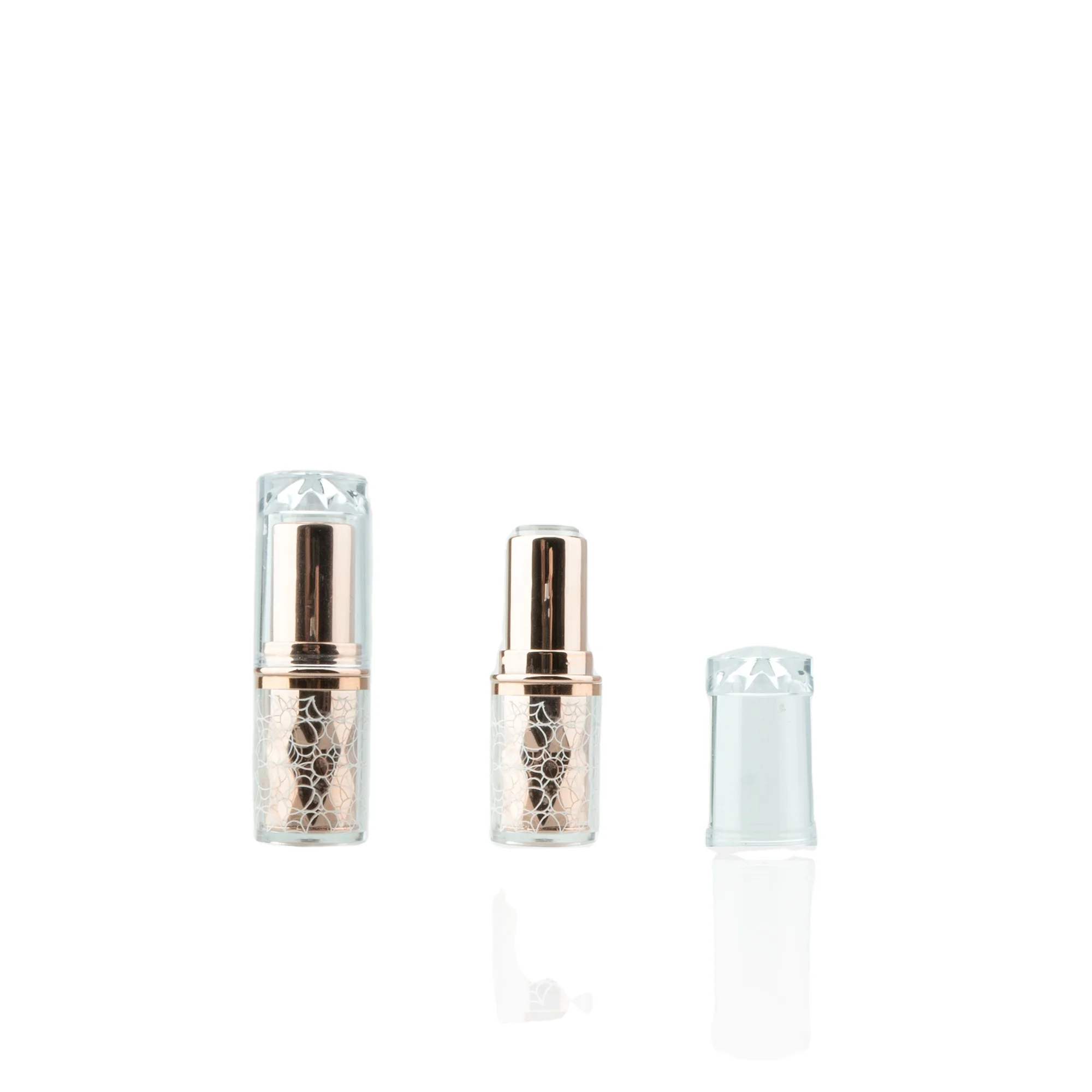 Cylinder Transparent Lipstick Lip Balm Case Container Packaging Metallic Gold Inner Tube Clear Cover with White Logo Silk Screen