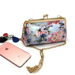 Flower printed ladies side sling shoulder bag chain clutch evening bag
