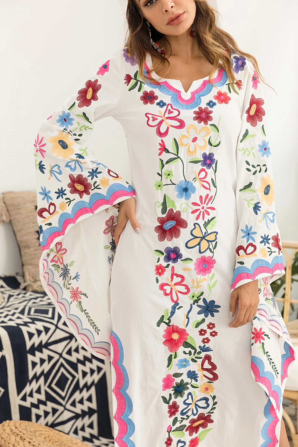 2021 Clothing Long Sleeve Beach Bohemian Dresses Ladies O Neck Floral Maxi Casual Boho Dress With kimono sleeve