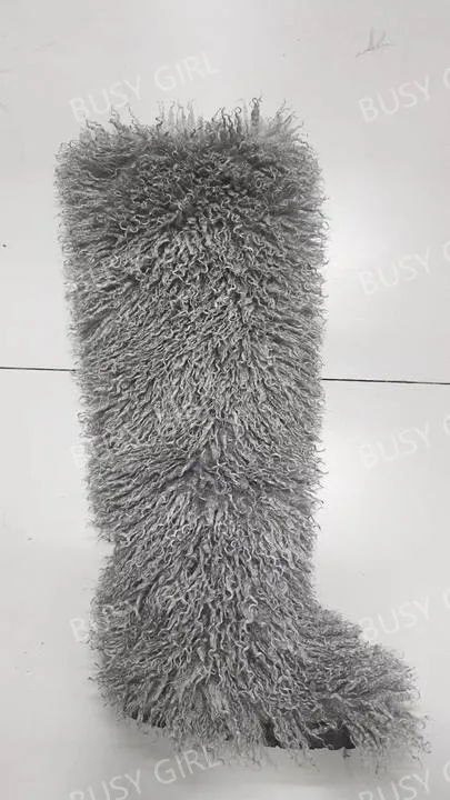 BUSY GIRL RS4735 Women Thigh High Boots with Fur Thick Leg Friendly Size 13 Flat Fluffy Fuzzy Faux Long Mongolian Fur Boots