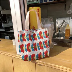 South Korea Ins Small Fresh Cute Small Cloth Bag Female Wrinkled Cloth Printed Handbag Bento Bag Wholesale