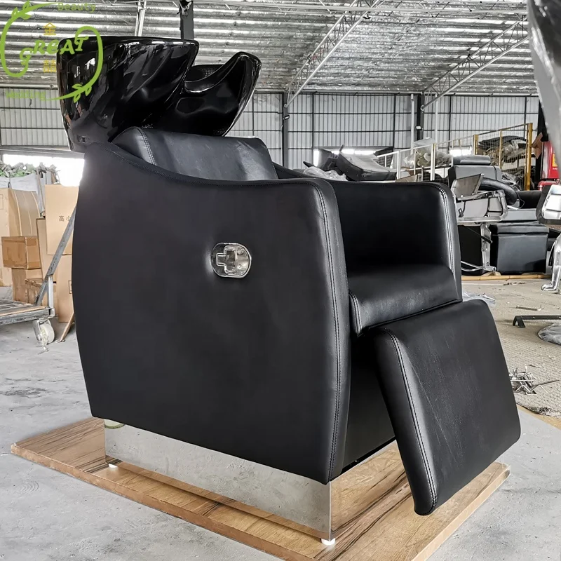 Foshan Great Factory Best Quality Black Reclining Washing Sink And Footrest Control Salon Shampoo Chair Hairdressing Basin
