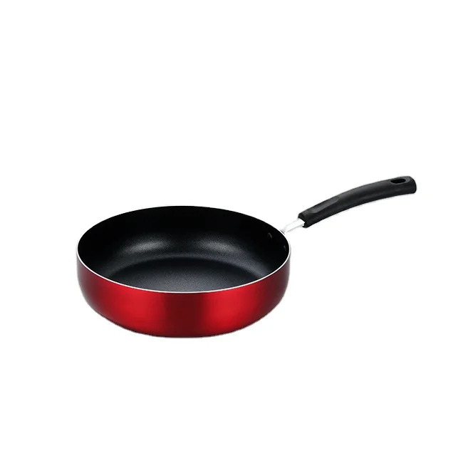 Pressed Aluminum Red Metallic Paint Non Stick Deep Fry Pan With Glass Lid Silicone Handle Induction Deep Saute Pan