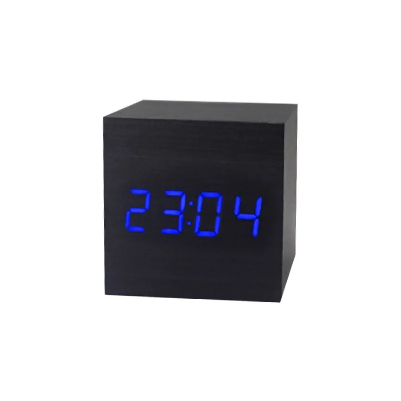 Factory sales creative led wooden alarm clock electronic square mini thermometer bedside alarm clock