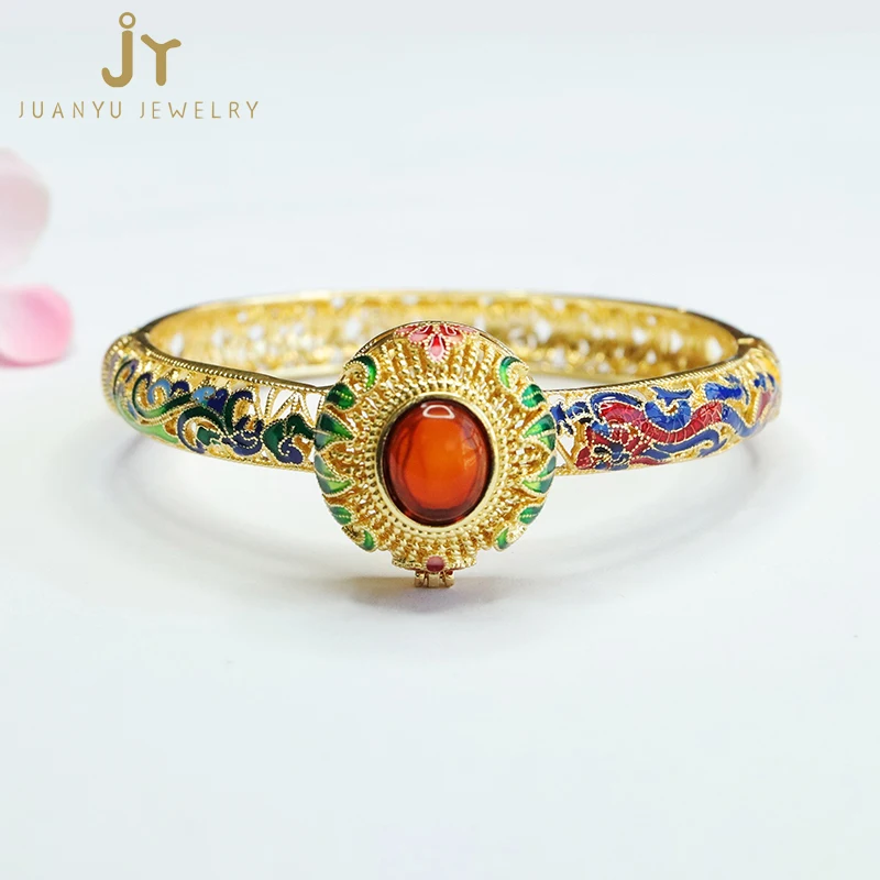 Open Top Natural Amber Bangles Gold Plated Gemstones Bangles Dragon and Phoenix Shape Jewelry High Quality Cherry Amber Bangles