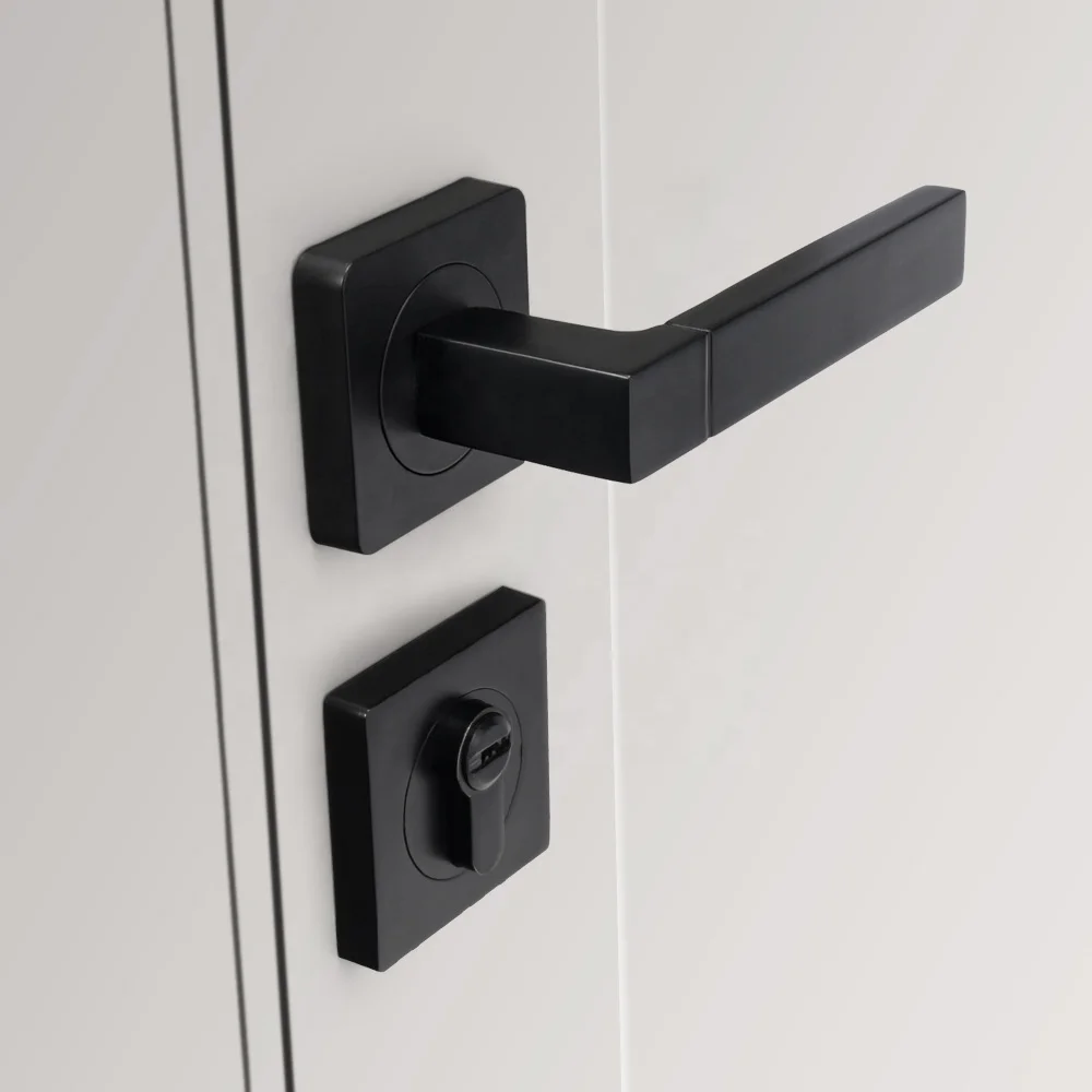 Yonfia A8230R10 Modern square Solid Black Aluminium Lever Door Handle Home Toilet Interior Lever Door Lock Handle for Wood Door