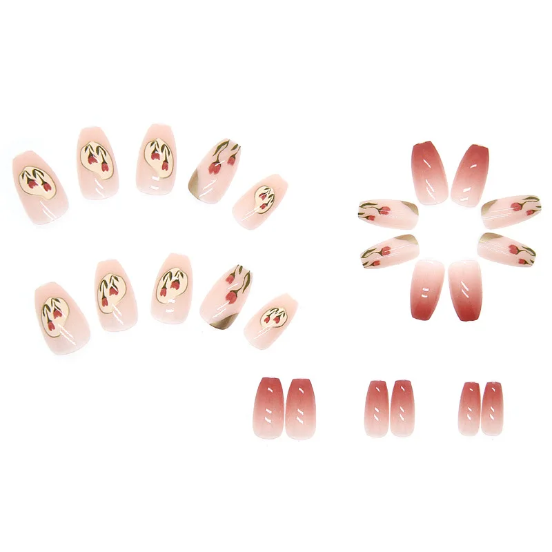 Wholesale Custom Gradient Vintage Tulip press on nails vendor with 3D false nail design and glue nail tip
