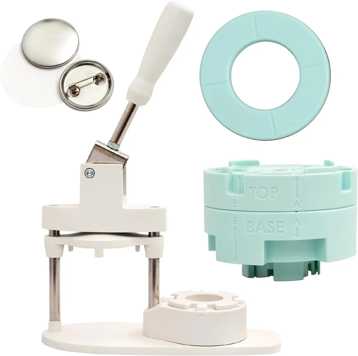 Badge Button Press Kit, includes Button Press, Cutting Inserts, Medium Circle Die, Make Pins, Buttons, Badges, and Keychains