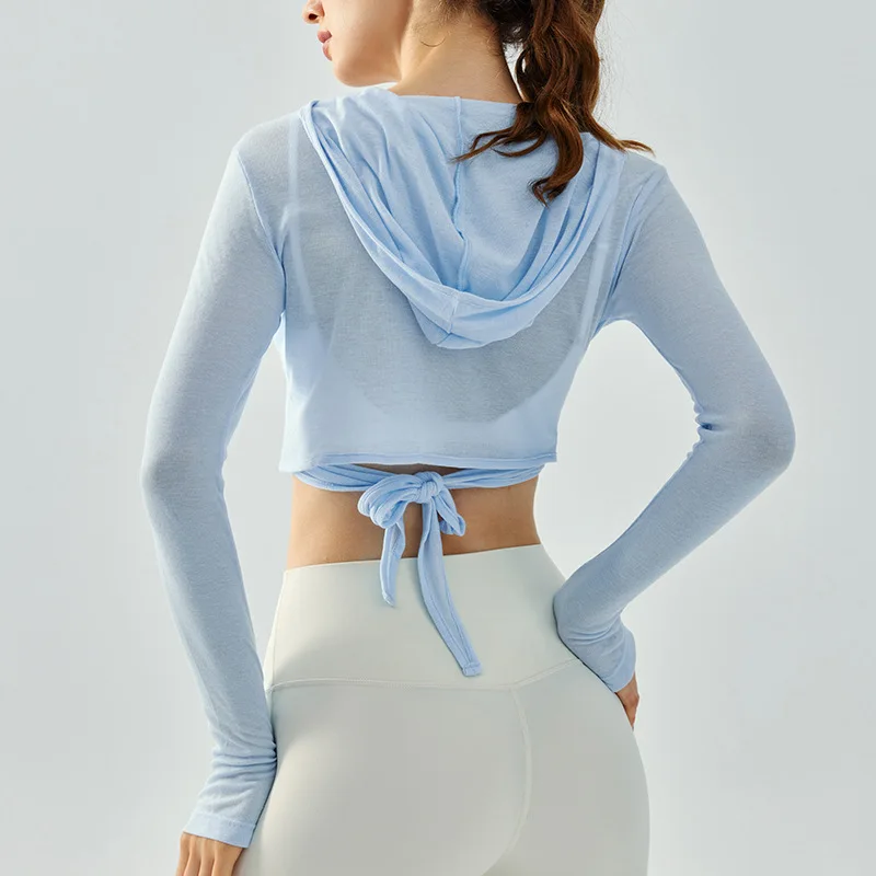 New Style Slim Fit Yoga Clothes Long Sleeves Shirt Women Loose Slim Hooded Shawl Lightweight Breathable