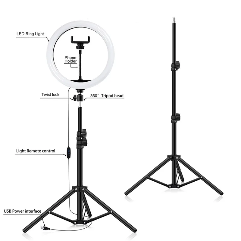Dimmable Beauty Ringlight 10 inch LED Ring Light with 2M Tripod Stand Cell Phone Holder for Live Stream/Makeup/YouTube Video