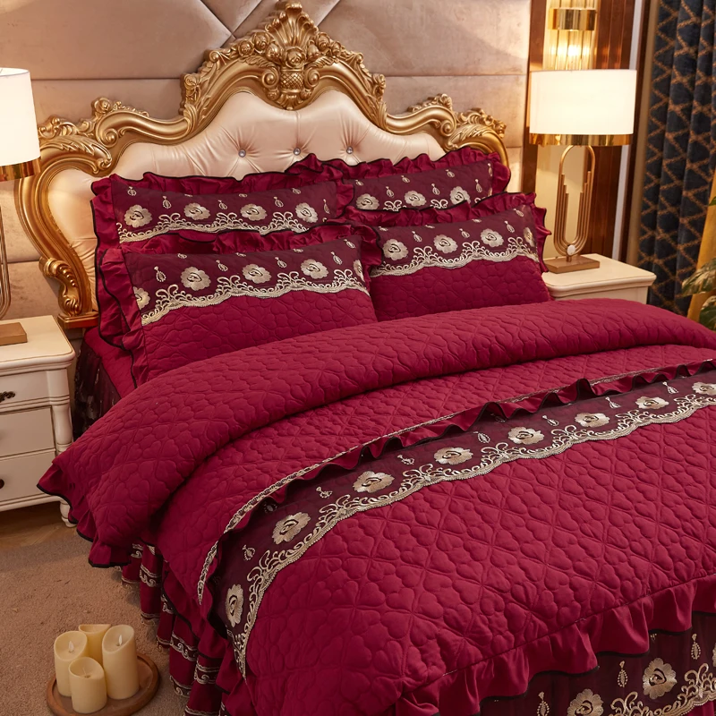 American Style Burgundy Embroidery Velvet 4PCS Blanket Quilt Comforter Bed Sheet Set