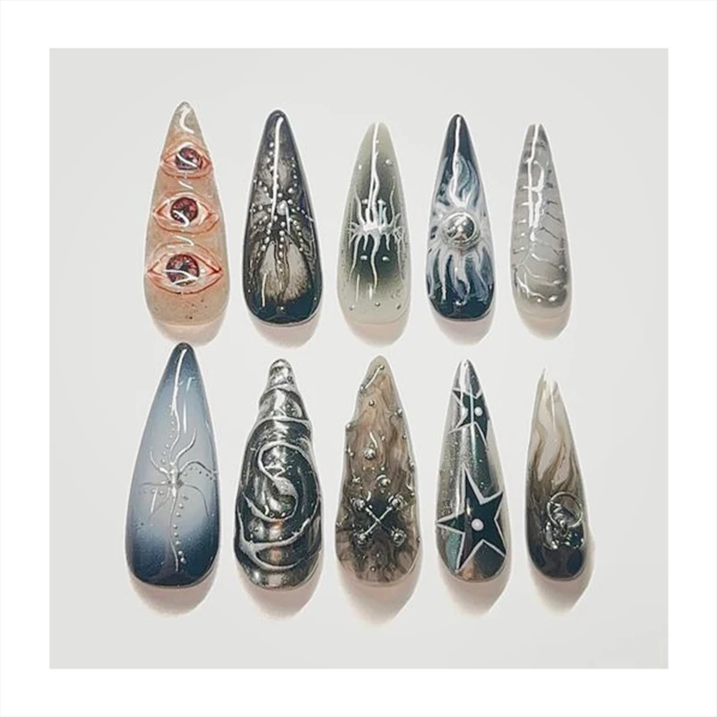 Halloween Long Sharp Almond Faux Nails HandMade Eyes All Kinds Pattern False Nails Factory Supplies Custom Press On Nails
