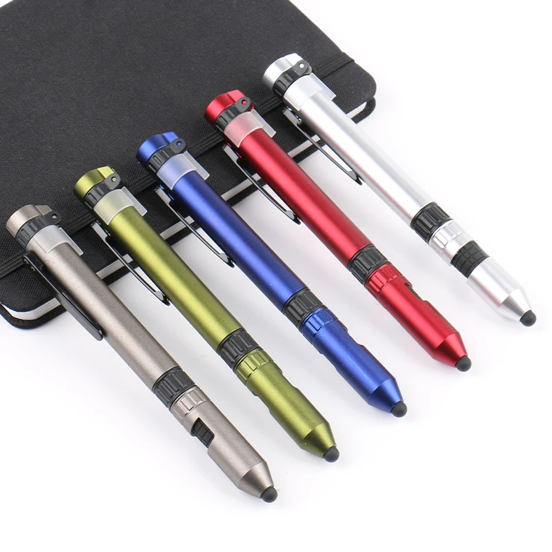High Quality Custom Light and Compass Personalized Logo 6 in 1 Multi functional pen Holder Multipurpose Tactics Pen with Stylus